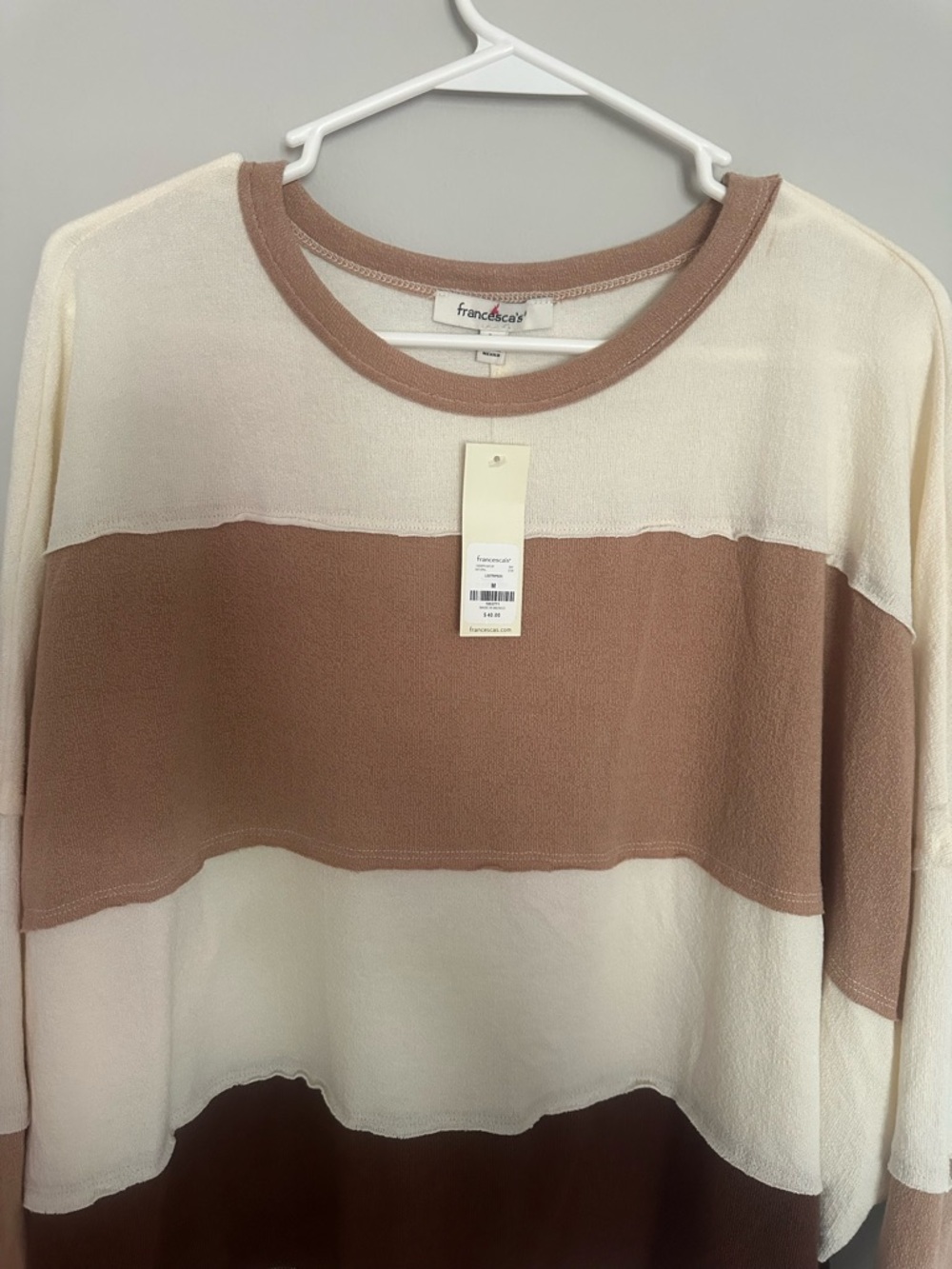 Francesca's Collections Cream and Taupe Striped Crewneck Sweater